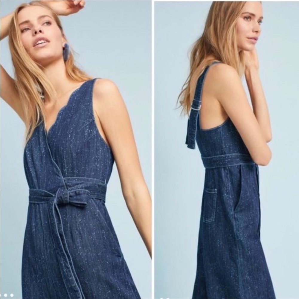 Anthropologie Pilcro Letterpress Lydia Denim Scalloped Wide Leg Jumpsuit